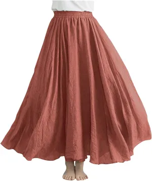 Women Lightweight Boho Maxi Skirts Flowy Beach Long Skirt Elastic Waist Pleated Swing Bohemian Skirts 2025 New Watermelon Red