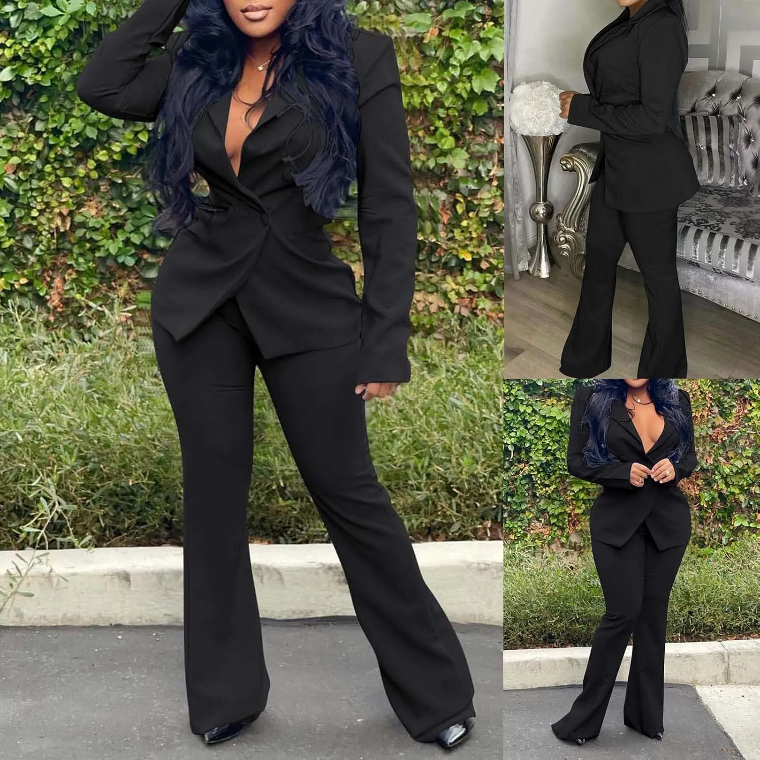 Women Long Sleeves Blazer 2-Piece Suit Office Formal Business Trouser-Suit Slim Fit Jacket Outfits Lapel Buttons