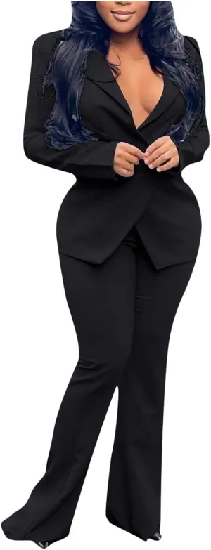 Women Long Sleeves Blazer 2-Piece Suit Office Formal Business Trouser-Suit Slim Fit Jacket Outfits Lapel Buttons