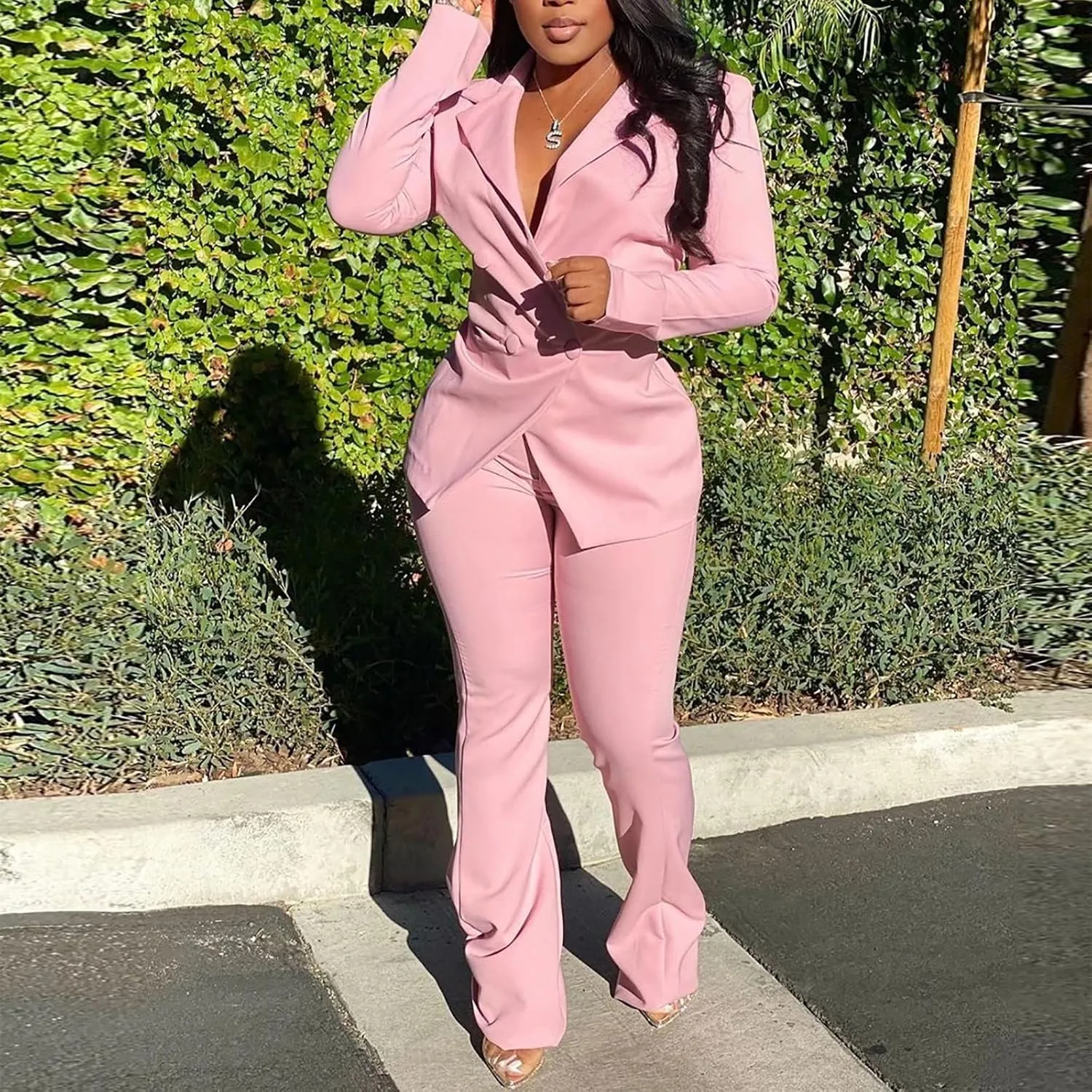 Women Long Sleeves Blazer 2-Piece Suit Office Formal Business Trouser-Suit Slim Fit Jacket Outfits Lapel Buttons
