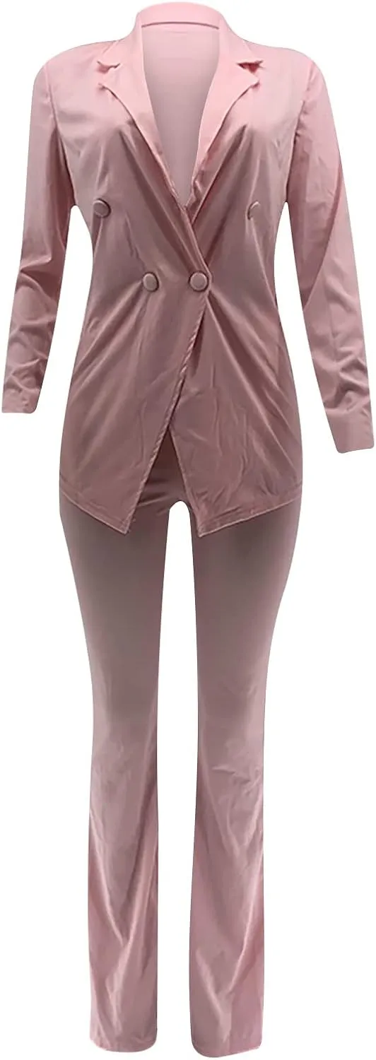 Women Long Sleeves Blazer 2-Piece Suit Office Formal Business Trouser-Suit Slim Fit Jacket Outfits Lapel Buttons
