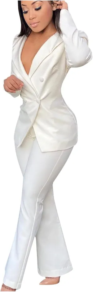 Women Long Sleeves Blazer 2-Piece Suit Office Formal Business Trouser-Suit Slim Fit Jacket Outfits Lapel Buttons