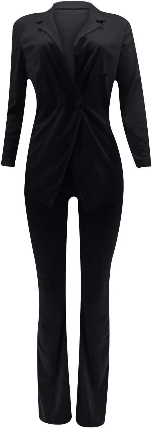 Women Long Sleeves Blazer 2-Piece Suit Office Formal Business Trouser-Suit Slim Fit Jacket Outfits Lapel Buttons