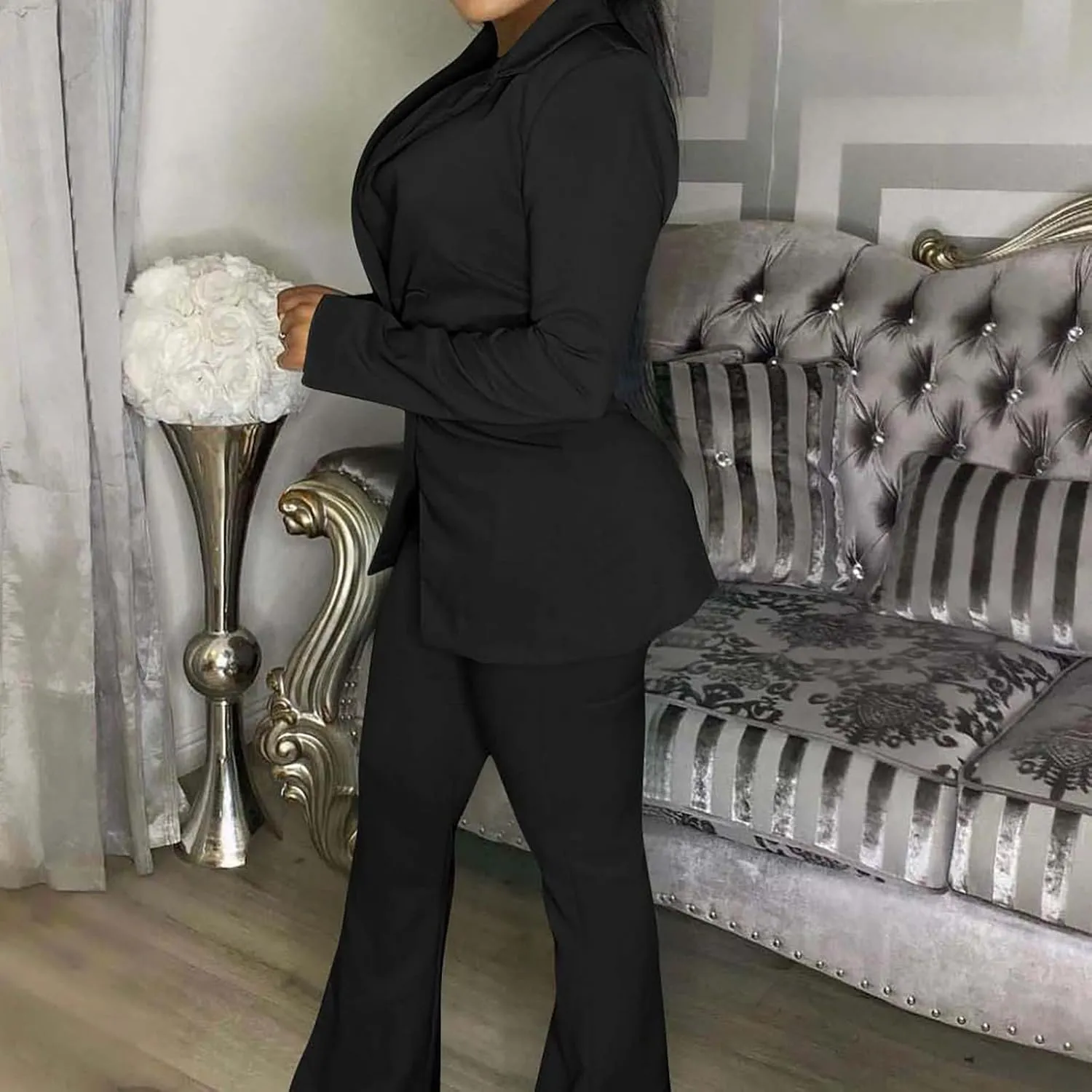 Women Long Sleeves Blazer 2-Piece Suit Office Formal Business Trouser-Suit Slim Fit Jacket Outfits Lapel Buttons
