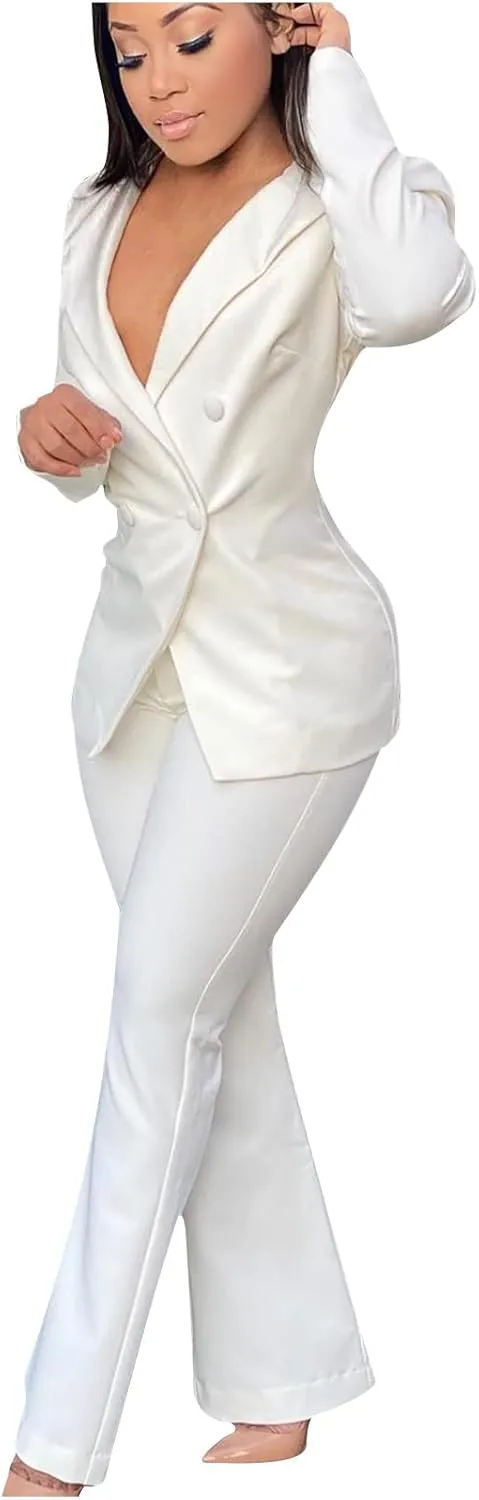 Women Long Sleeves Blazer 2-Piece Suit Office Formal Business Trouser-Suit Slim Fit Jacket Outfits Lapel Buttons