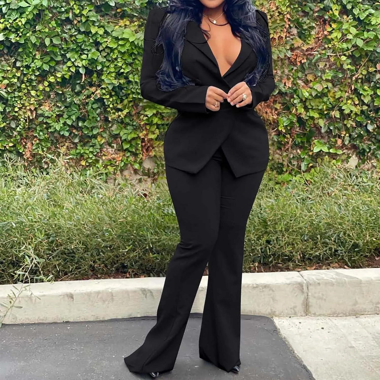Women Long Sleeves Blazer 2-Piece Suit Office Formal Business Trouser-Suit Slim Fit Jacket Outfits Lapel Buttons