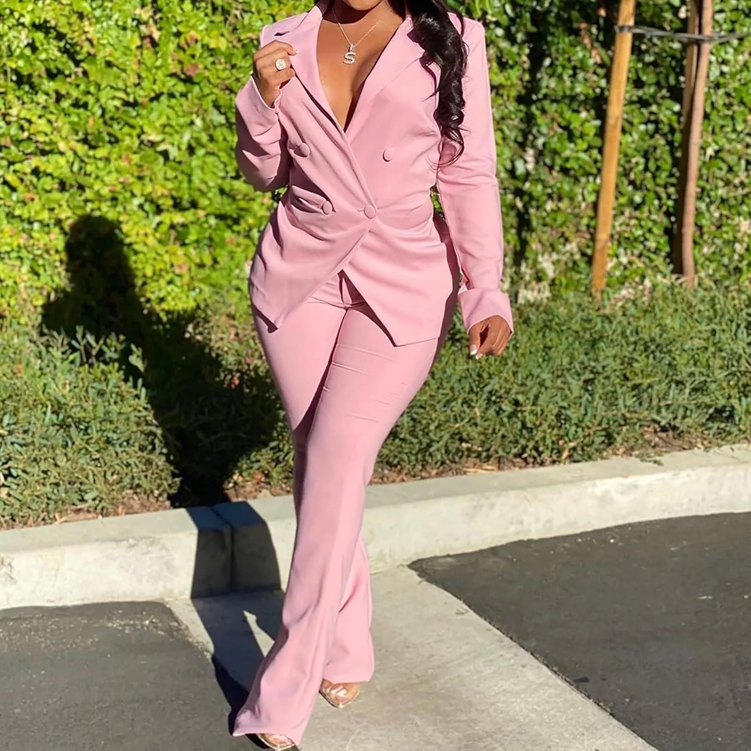 Women Long Sleeves Blazer 2-Piece Suit Office Formal Business Trouser-Suit Slim Fit Jacket Outfits Lapel Buttons