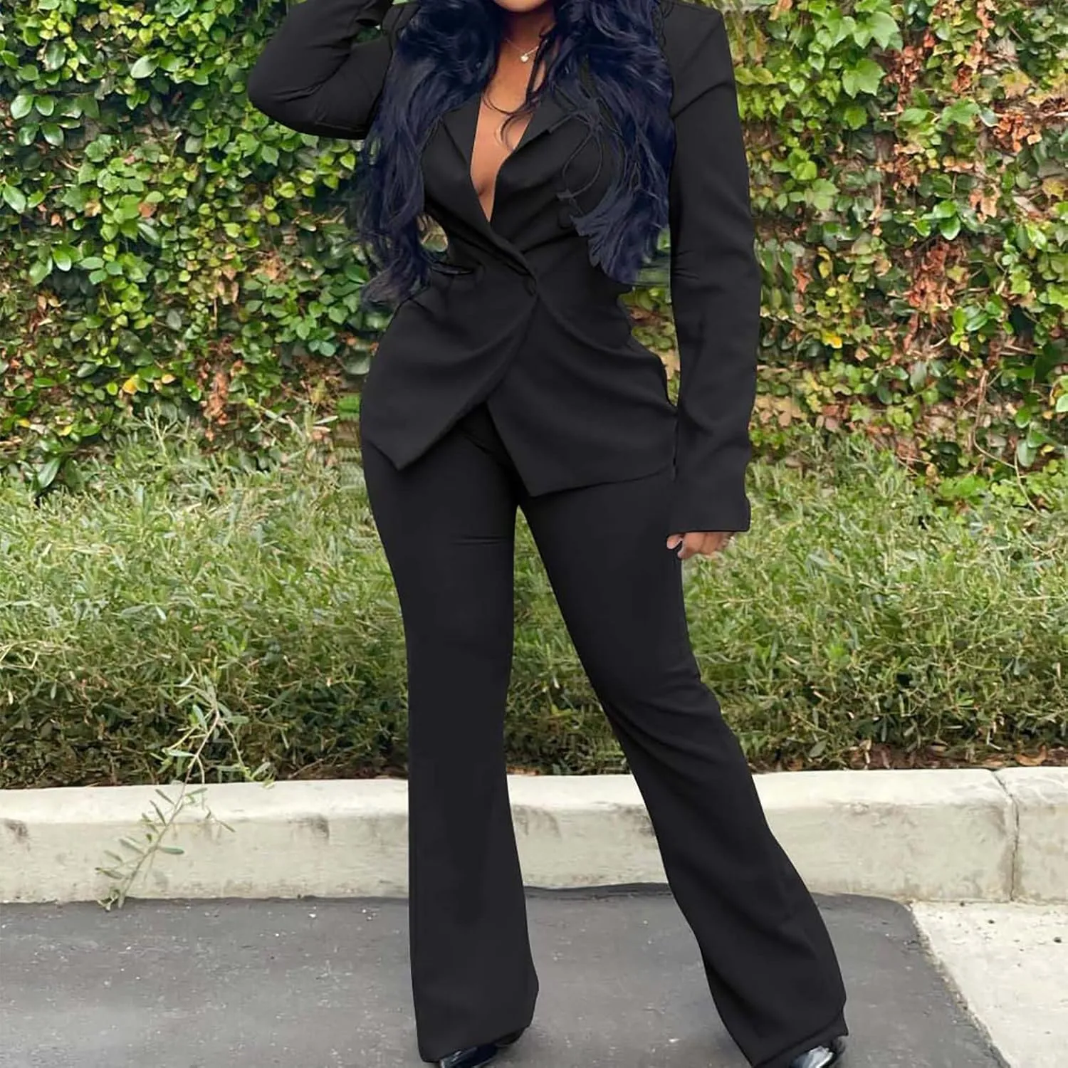 Women Long Sleeves Blazer 2-Piece Suit Office Formal Business Trouser-Suit Slim Fit Jacket Outfits Lapel Buttons