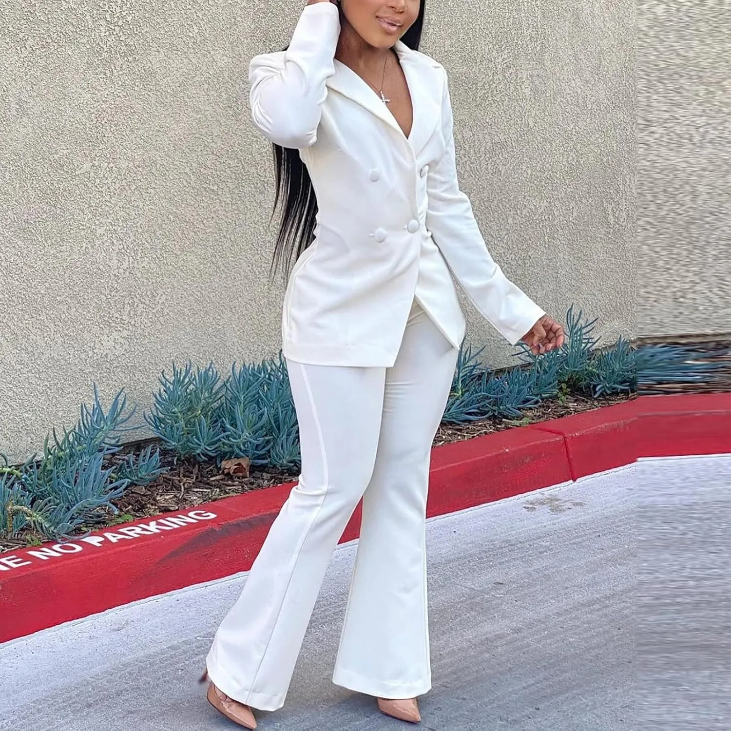 Women Long Sleeves Blazer 2-Piece Suit Office Formal Business Trouser-Suit Slim Fit Jacket Outfits Lapel Buttons