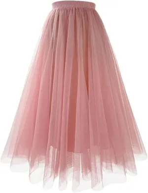 Women Mesh Gauze Pleated A-Line Skirt High Waist Midi Tulle Skirts