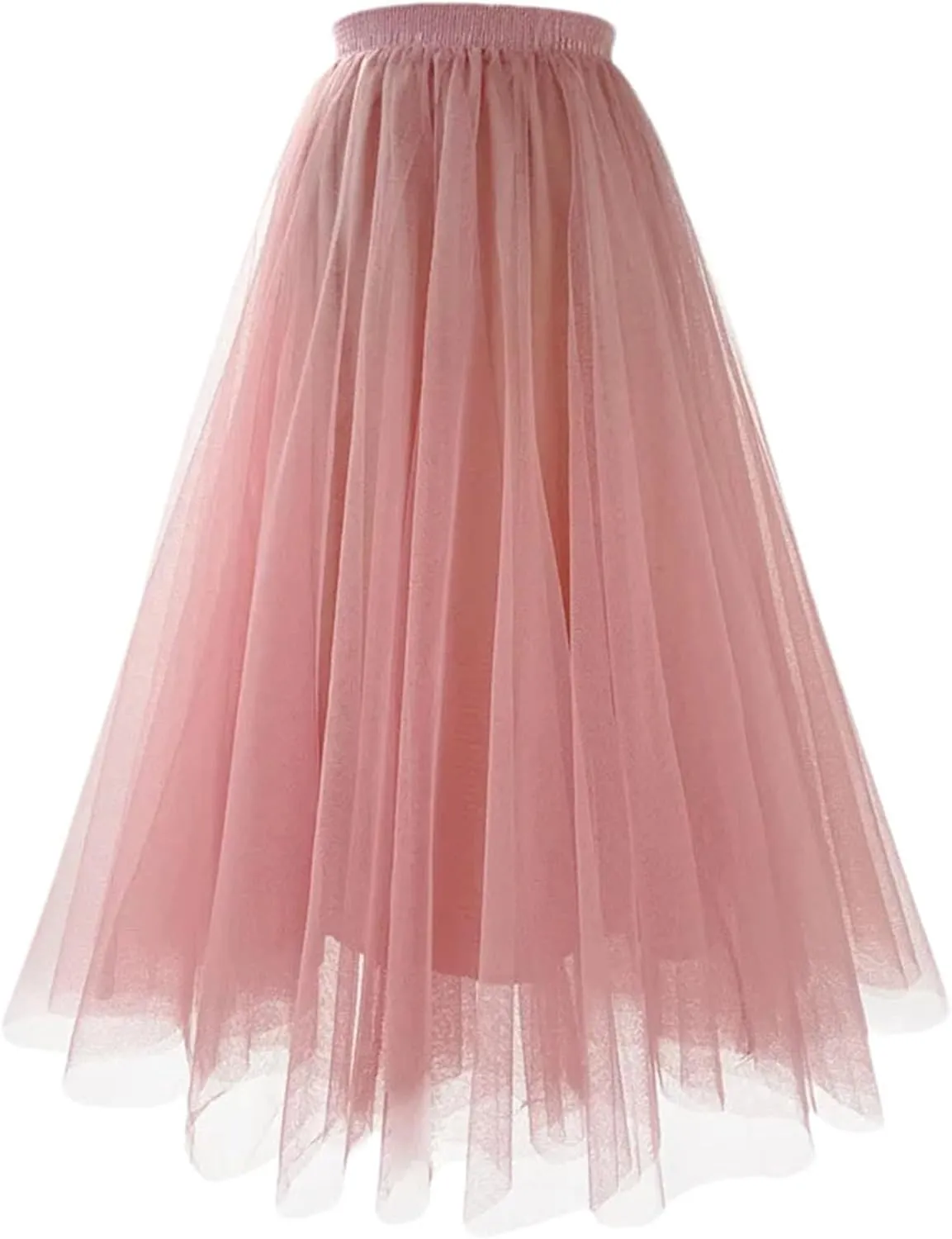 Women Mesh Gauze Pleated A-Line Skirt High Waist Midi Tulle Skirts