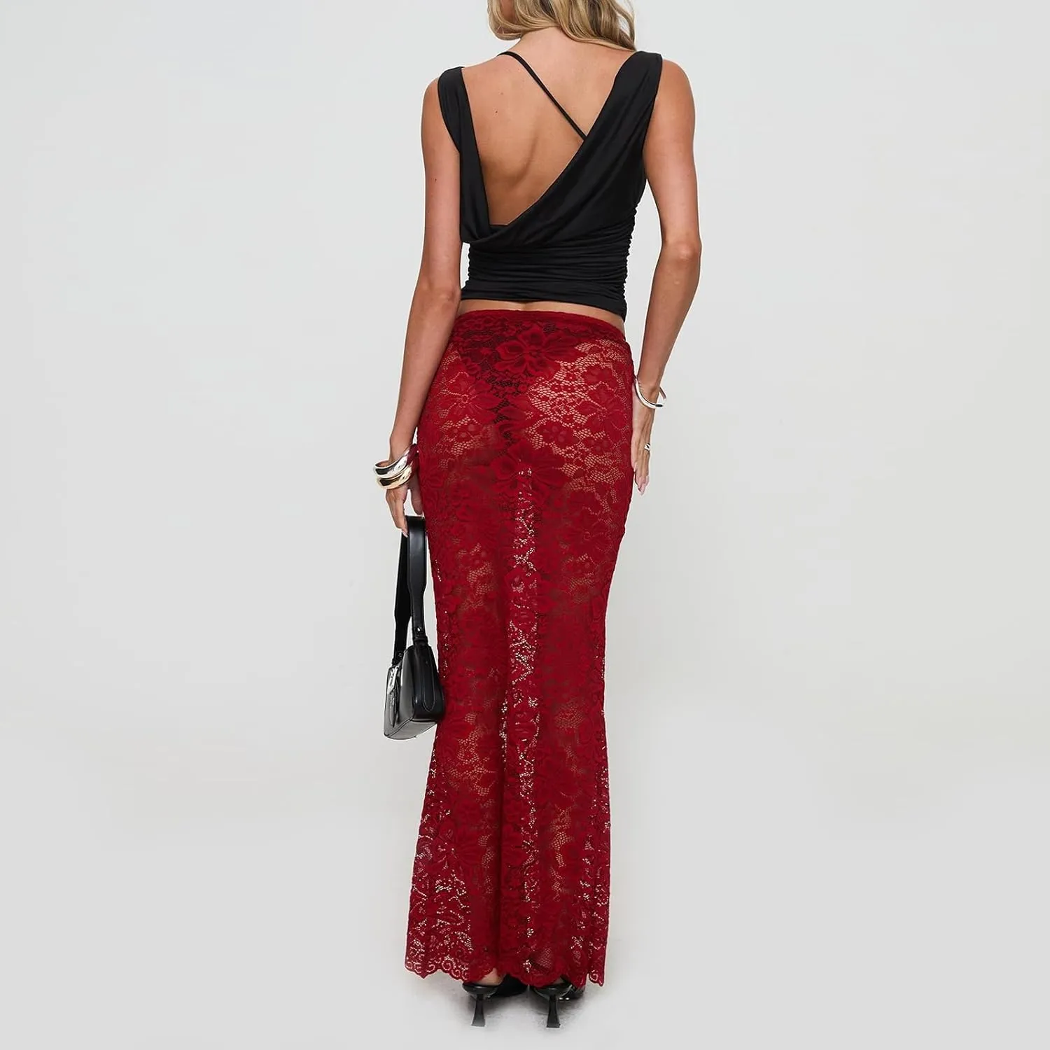 Women Mesh Lace Long Skirt Elastic High Waist See Through Aline Midi Sheer Skirt Floral Lace Flowy Maxi Skirt