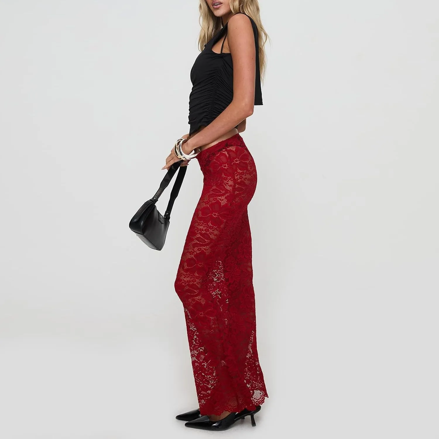 Women Mesh Lace Long Skirt Elastic High Waist See Through Aline Midi Sheer Skirt Floral Lace Flowy Maxi Skirt