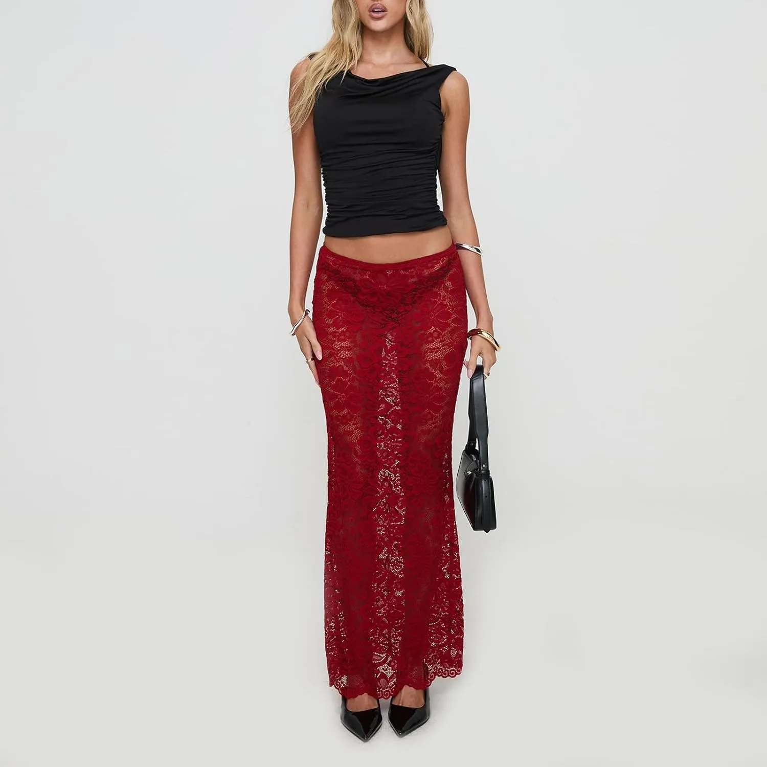 Women Mesh Lace Long Skirt Elastic High Waist See Through Aline Midi Sheer Skirt Floral Lace Flowy Maxi Skirt