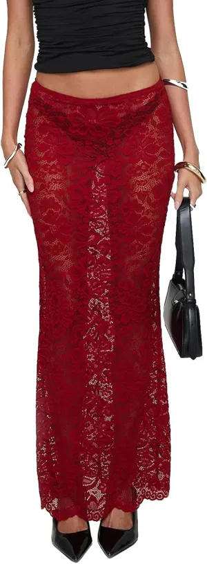 Women Mesh Lace Long Skirt Elastic High Waist See Through Aline Midi Sheer Skirt Floral Lace Flowy Maxi Skirt