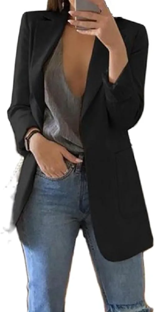 Women Open Front Long Blazer Jacket Long Sleeve Slim Fit Solid Color Cardigan Work Office Blazer with Pockets