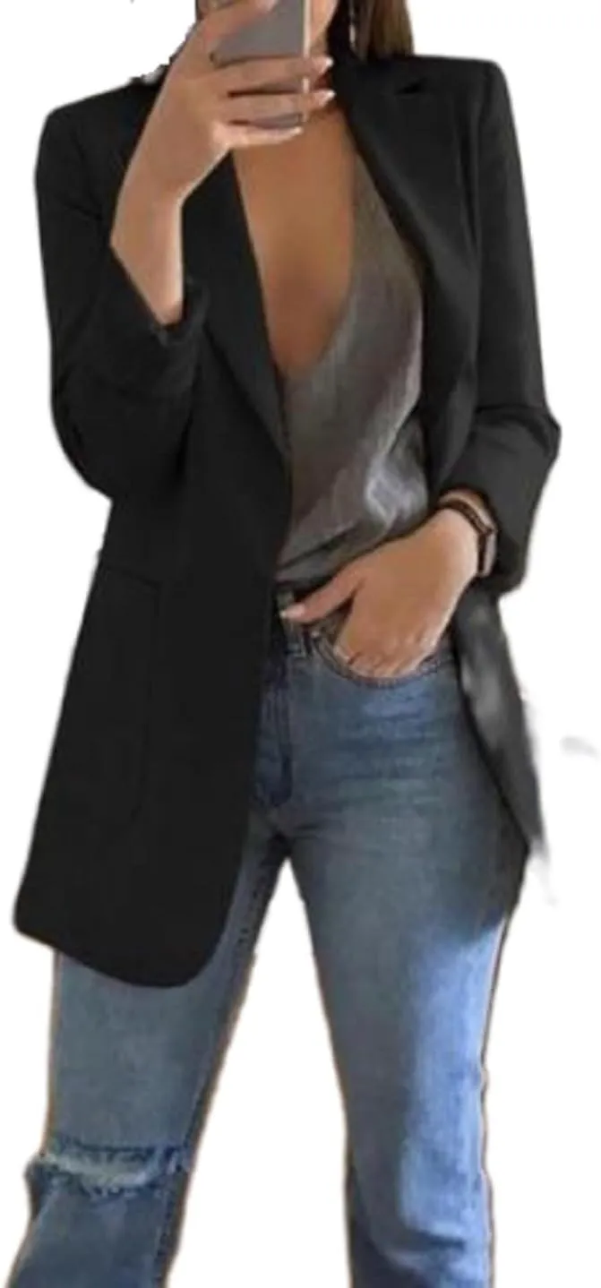 Women Open Front Long Blazer Jacket Long Sleeve Slim Fit Solid Color Cardigan Work Office Blazer with Pockets