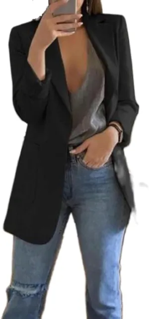 Women Open Front Long Blazer Jacket Long Sleeve Slim Fit Solid Color Cardigan Work Office Blazer with Pockets