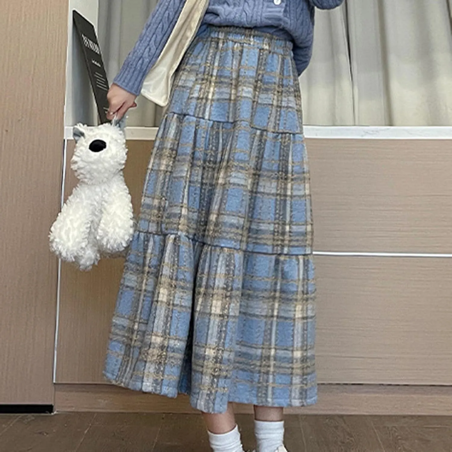 Women Plaid Woolen Midi Skirt Winter Elastic High Waist Tiered Ruffle A-Line Skirts Vintage Casual Flowy Swing Skirt