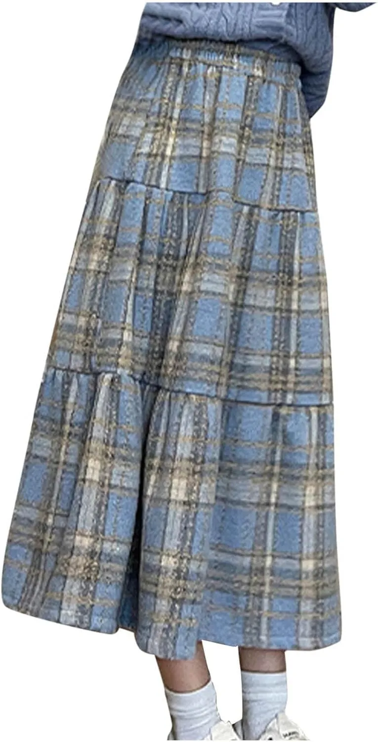 Women Plaid Woolen Midi Skirt Winter Elastic High Waist Tiered Ruffle A-Line Skirts Vintage Casual Flowy Swing Skirt