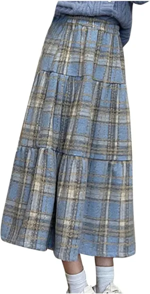 Women Plaid Woolen Midi Skirt Winter Elastic High Waist Tiered Ruffle A-Line Skirts Vintage Casual Flowy Swing Skirt