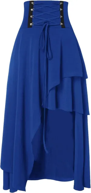 Women Renaissance Ruffle Layered Long Skirt High Waisted Tiered Irregular Hem Pirate Skirts Vintage Party Dress