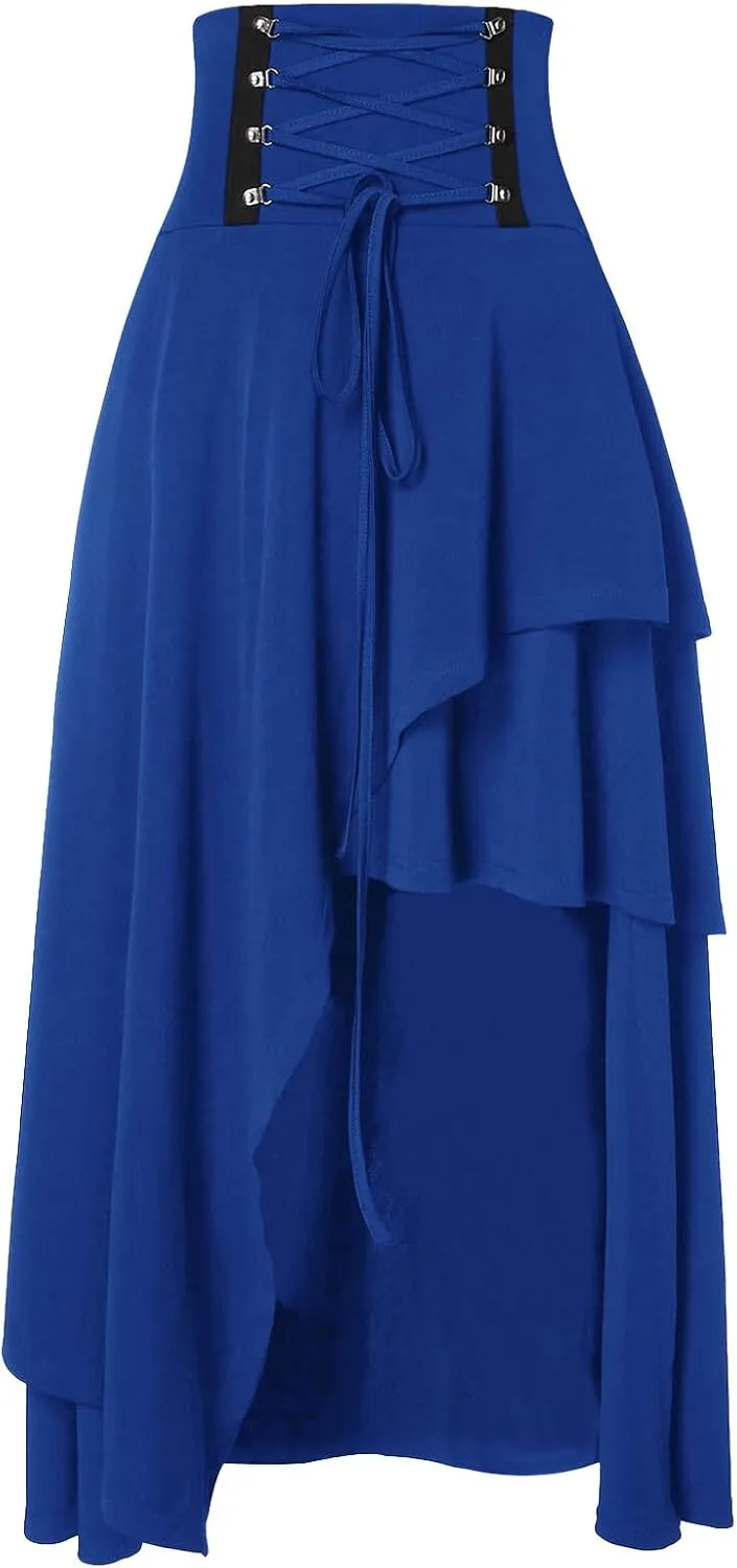 Women Renaissance Ruffle Layered Long Skirt High Waisted Tiered Irregular Hem Pirate Skirts Vintage Party Dress