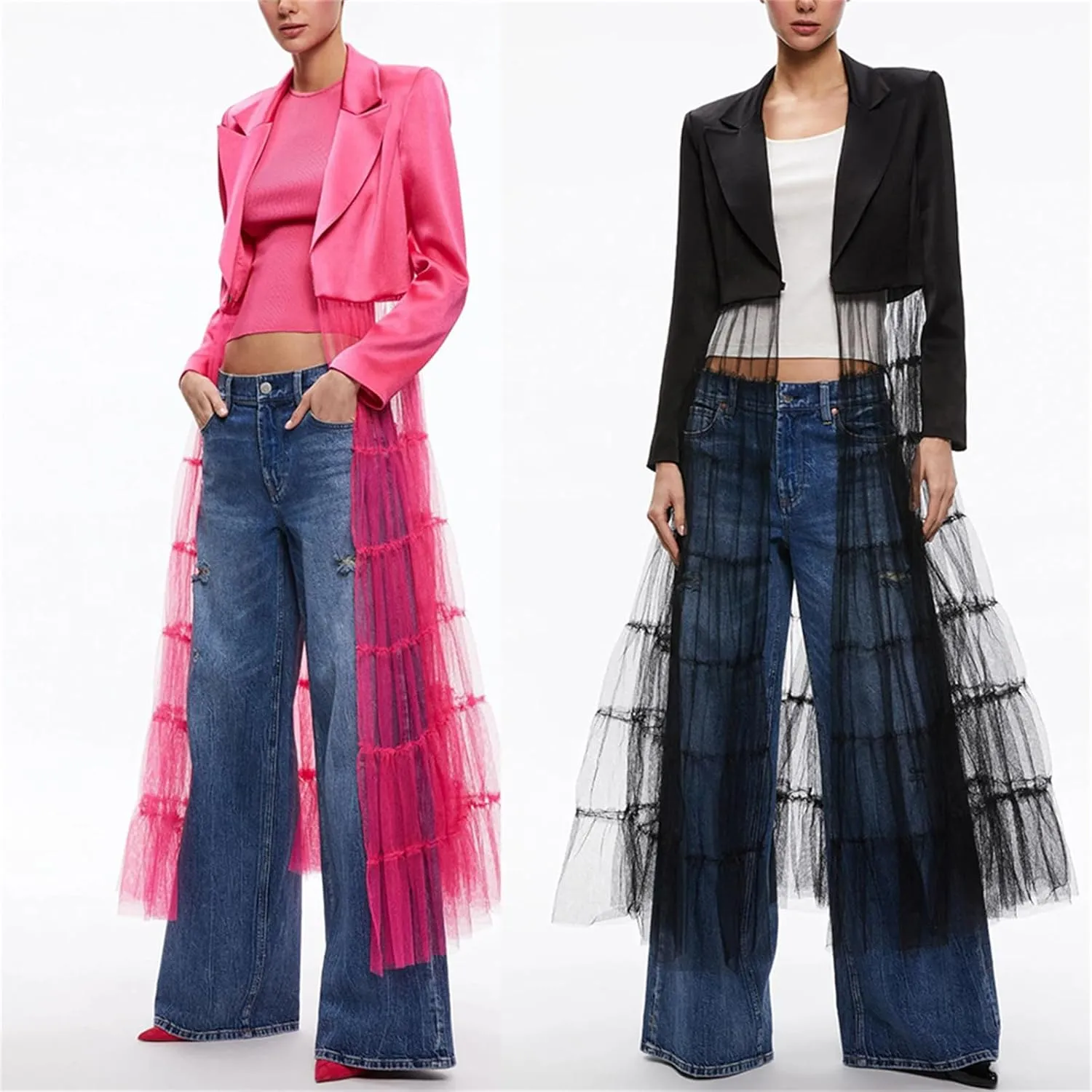 Women Satin Crop Blazers Dress Mesh Sheer Jacket Cardigan with Swing Wedding Party Prom Jacket Dresses