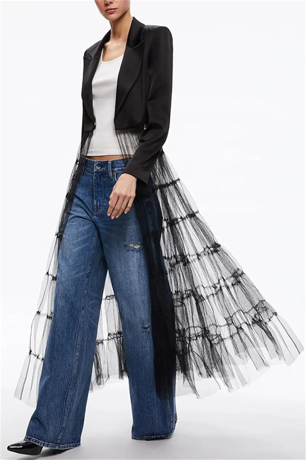 Women Satin Crop Blazers Dress Mesh Sheer Jacket Cardigan with Swing Wedding Party Prom Jacket Dresses