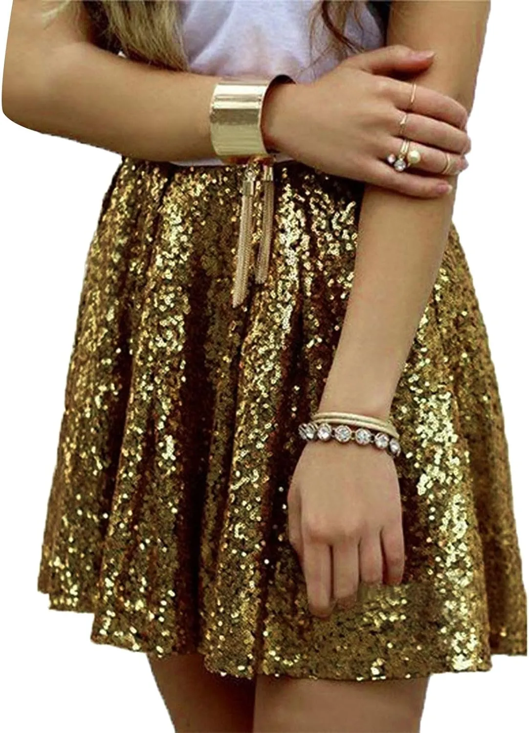 Women Sequin Pleated Midi Skirt Sparkly Cute High Waist Shiny Glitter Short Skirts Night Out Club Party Skirts