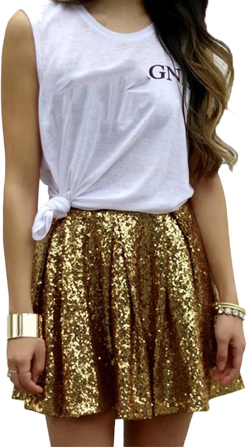 Women Sequin Pleated Midi Skirt Sparkly Cute High Waist Shiny Glitter Short Skirts Night Out Club Party Skirts
