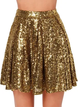 Women Sequin Pleated Midi Skirt Sparkly Cute High Waist Shiny Glitter Short Skirts Night Out Club Party Skirts