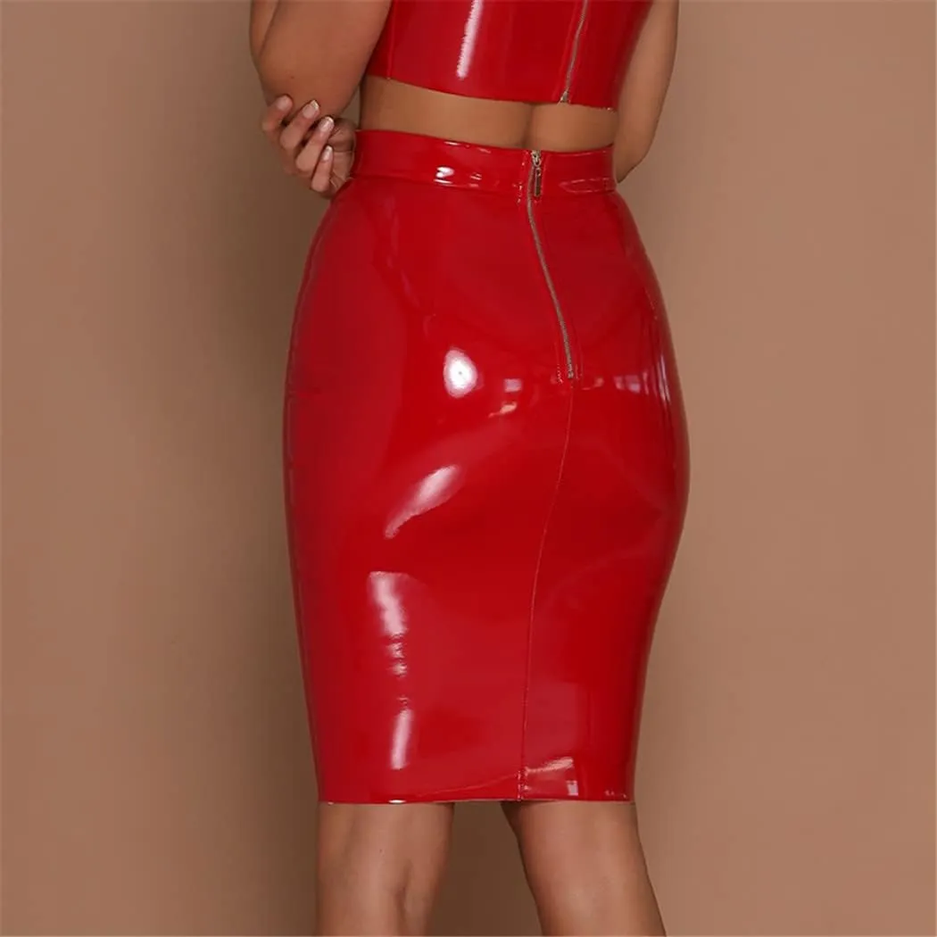 Women Sexy Latex Midi Skirt Mini Elegant Bodycon High Waist Pencil PU Patent Leather Black Office Slim Short Skirt