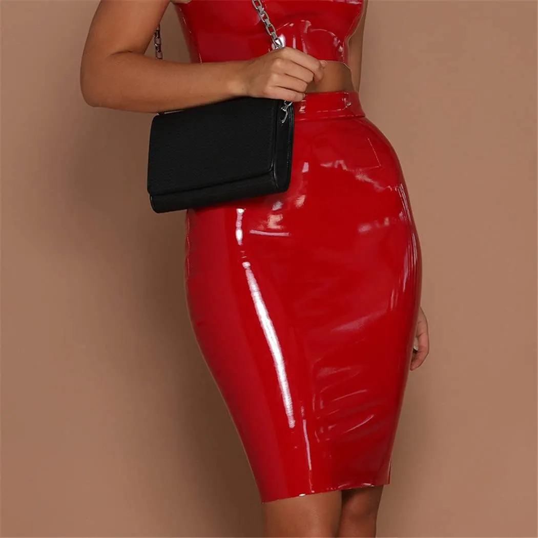 Women Sexy Latex Midi Skirt Mini Elegant Bodycon High Waist Pencil PU Patent Leather Black Office Slim Short Skirt