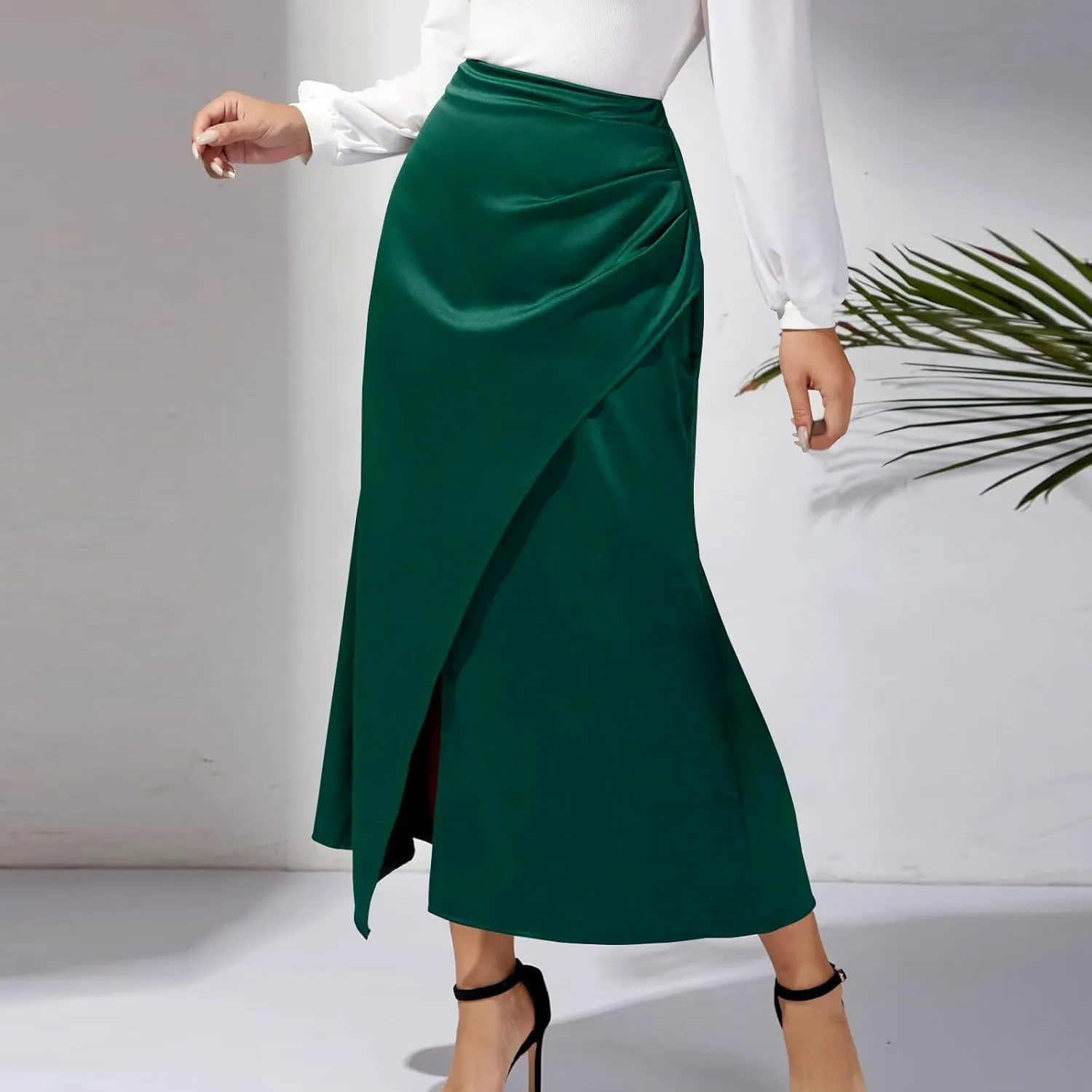 Women Silk Satin Maxi Skirt Trendy Asymmetrical Split Slit Ruched Bodycon Midi Skirt Elegant Party A-Line Wrap Skirt