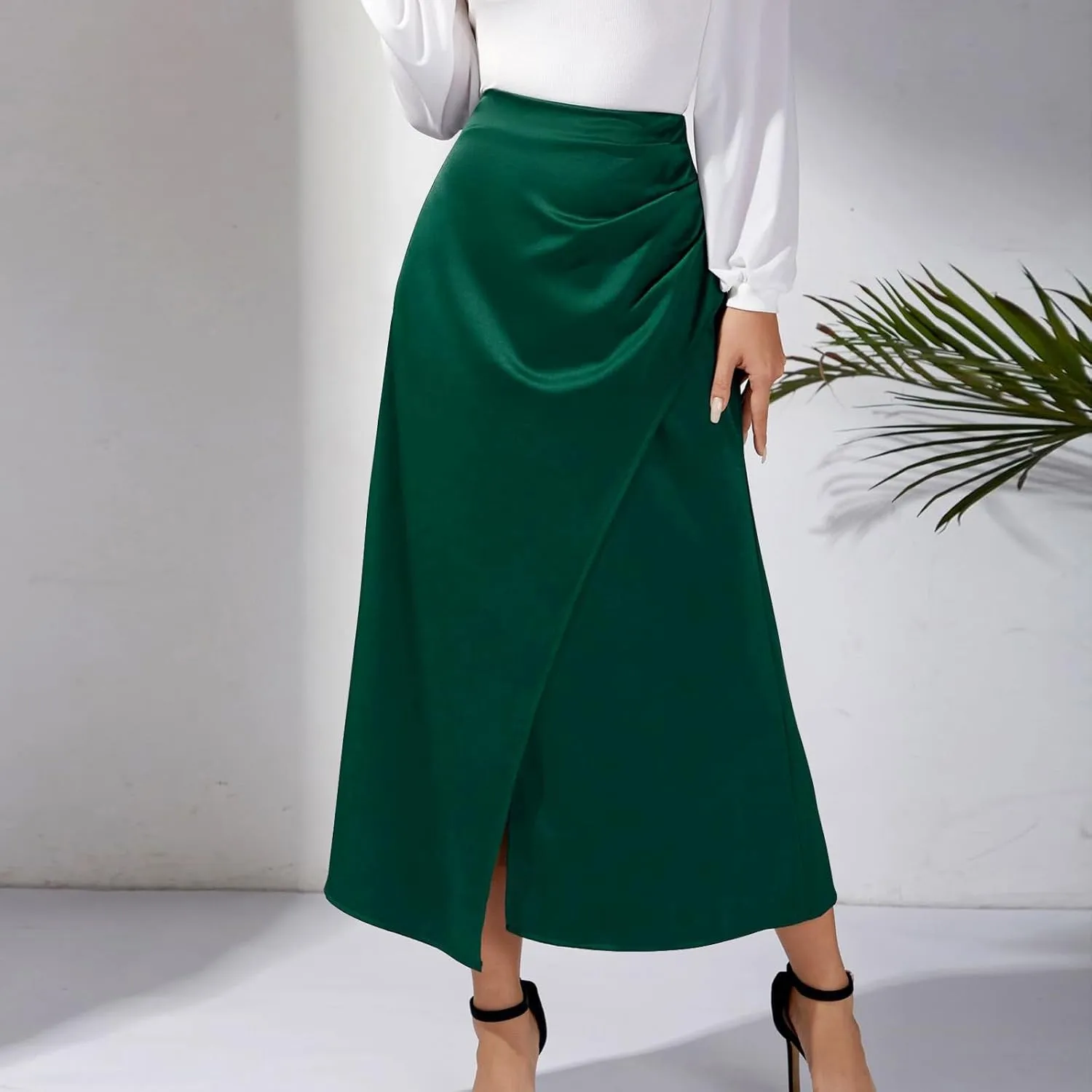 Women Silk Satin Maxi Skirt Trendy Asymmetrical Split Slit Ruched Bodycon Midi Skirt Elegant Party A-Line Wrap Skirt