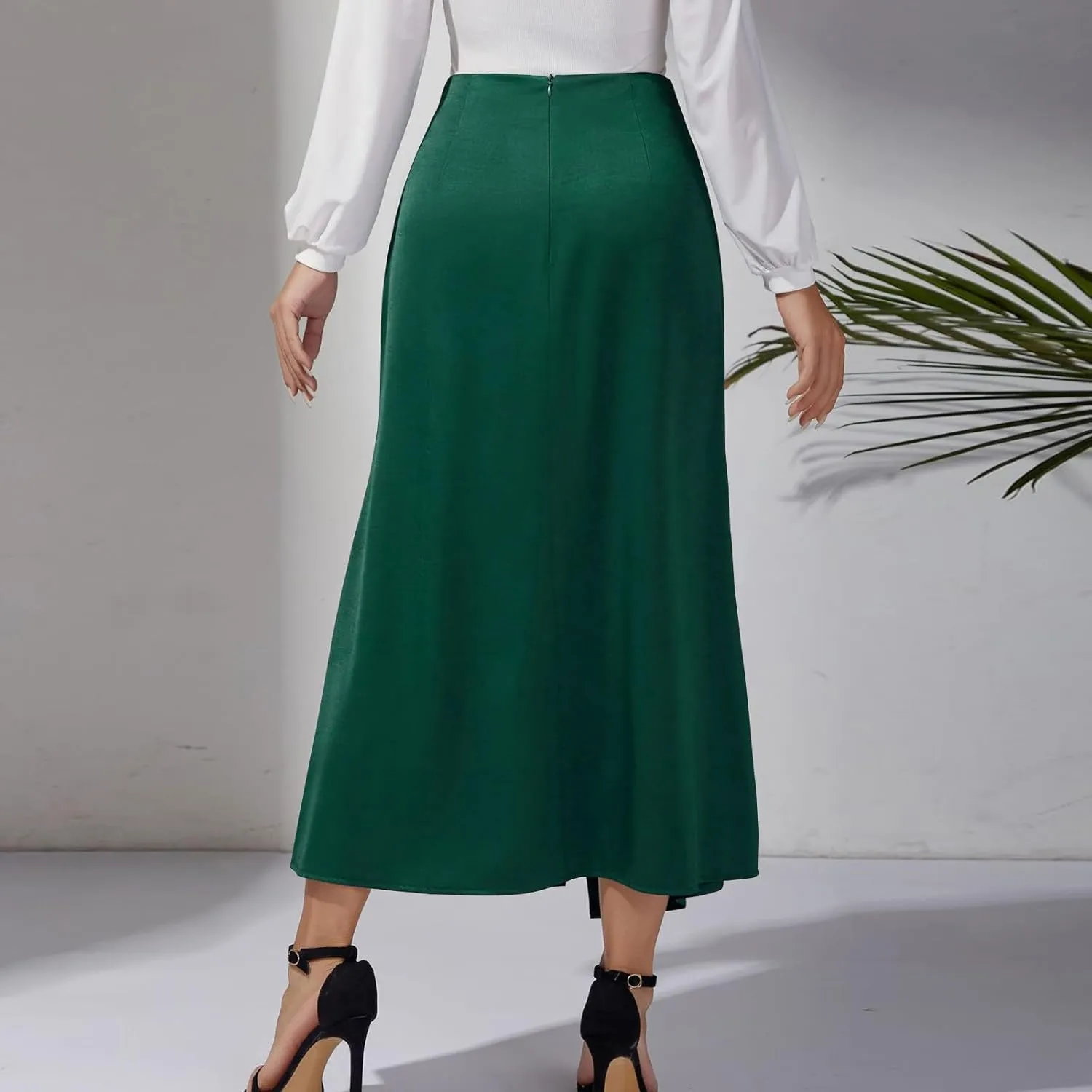 Women Silk Satin Maxi Skirt Trendy Asymmetrical Split Slit Ruched Bodycon Midi Skirt Elegant Party A-Line Wrap Skirt