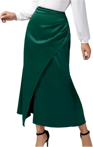 Women Silk Satin Maxi Skirt Trendy Asymmetrical Split Slit Ruched Bodycon Midi Skirt Elegant Party A-Line Wrap Skirt