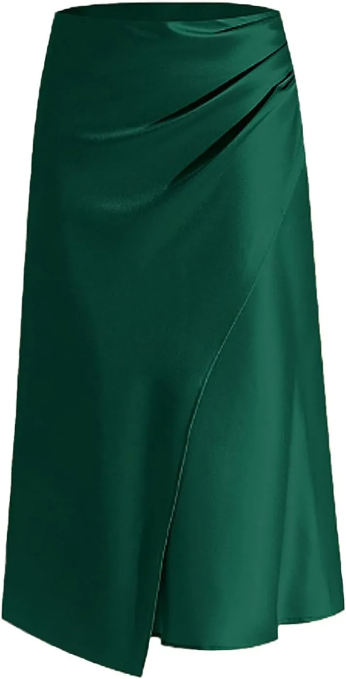 Women Silk Satin Maxi Skirt Trendy Asymmetrical Split Slit Ruched Bodycon Midi Skirt Elegant Party A-Line Wrap Skirt