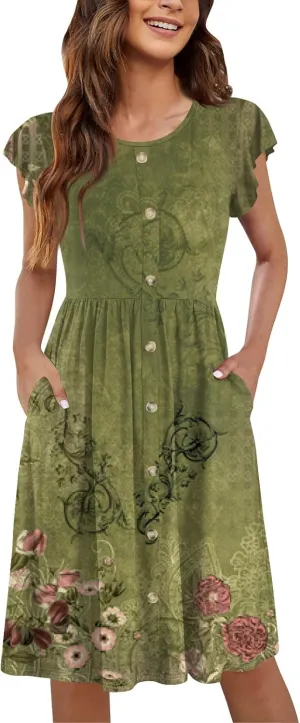 Women Summer Dresses Round Neck Summer Short Sleeve Casual Printed Loose Button Midi Beach Dresses with Pocket