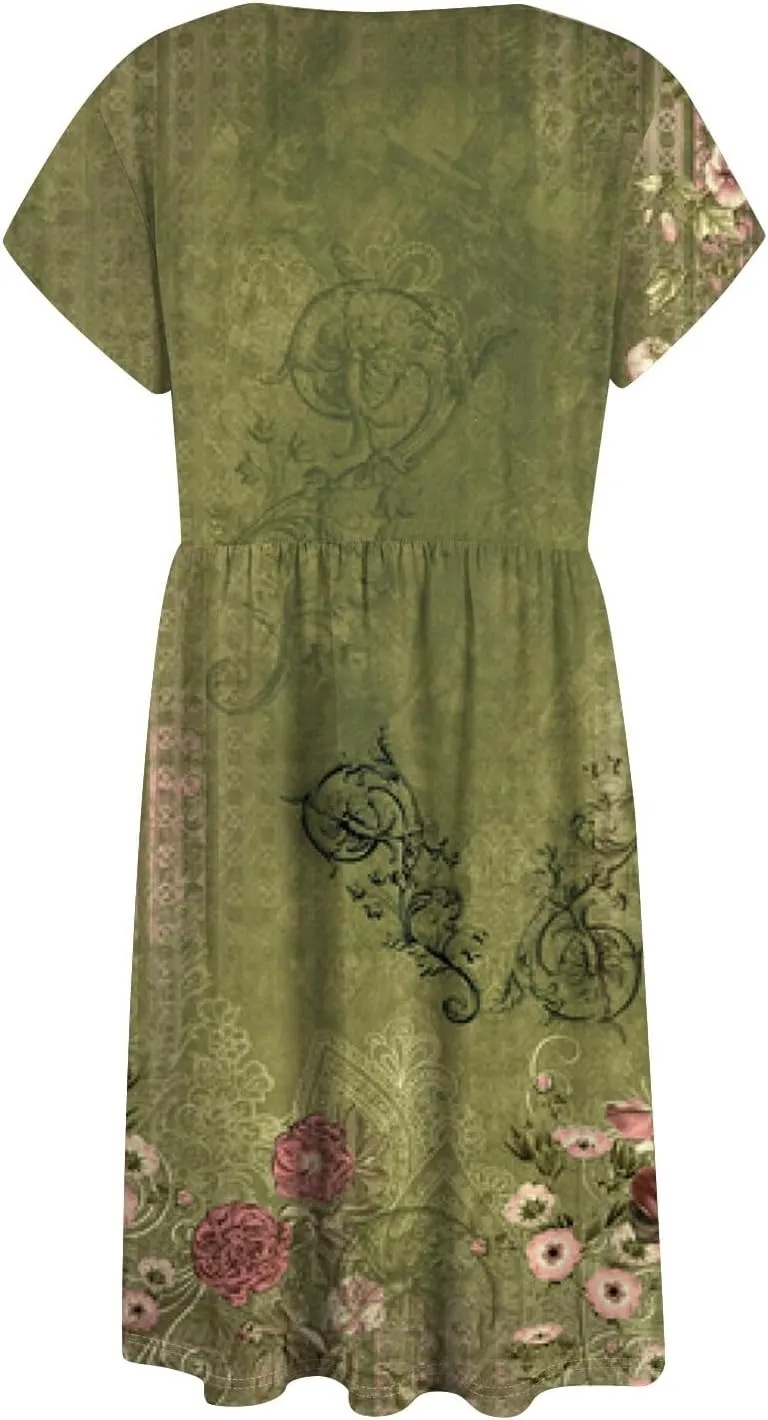 Women Summer Dresses Round Neck Summer Short Sleeve Casual Printed Loose Button Midi Beach Dresses with Pocket