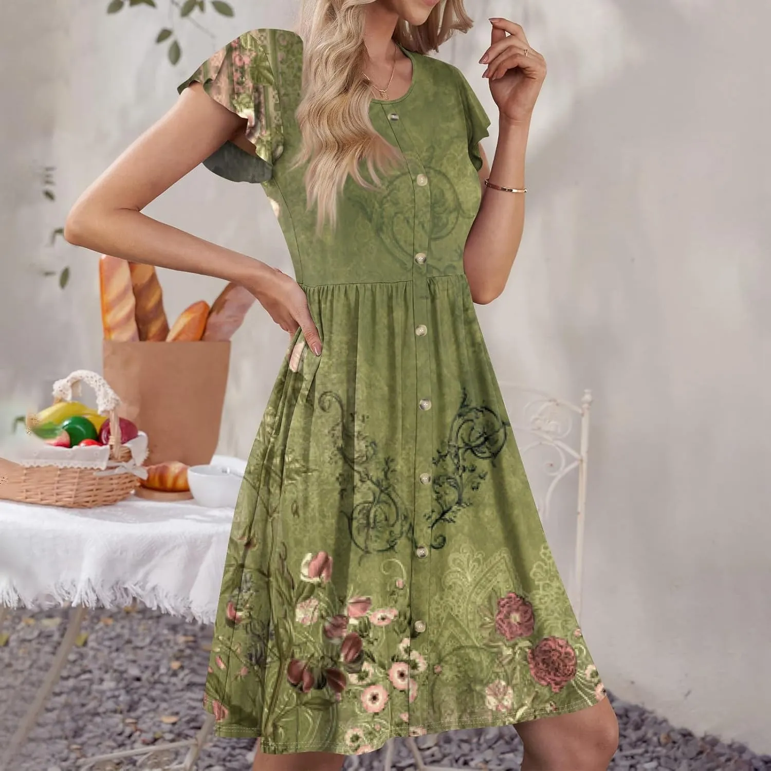 Women Summer Dresses Round Neck Summer Short Sleeve Casual Printed Loose Button Midi Beach Dresses with Pocket