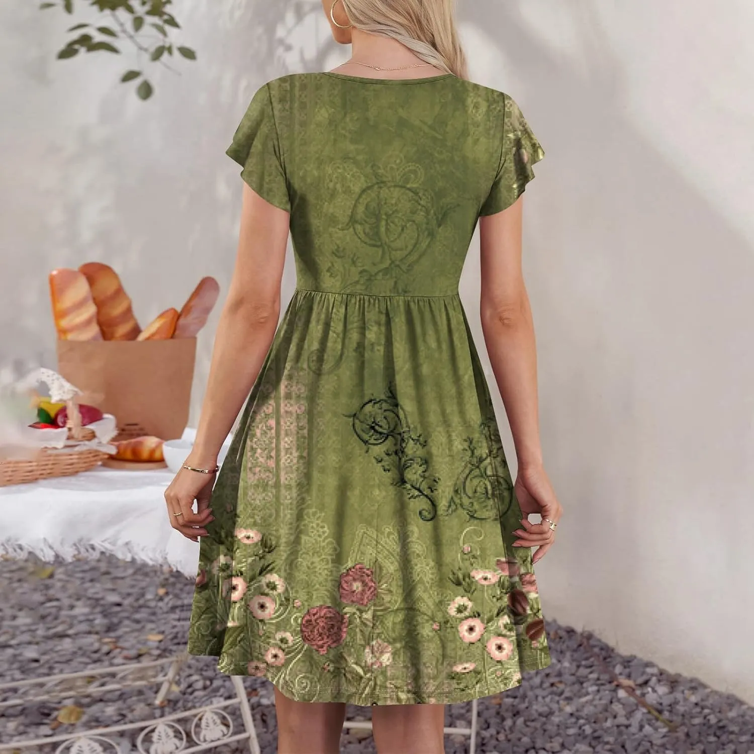 Women Summer Dresses Round Neck Summer Short Sleeve Casual Printed Loose Button Midi Beach Dresses with Pocket