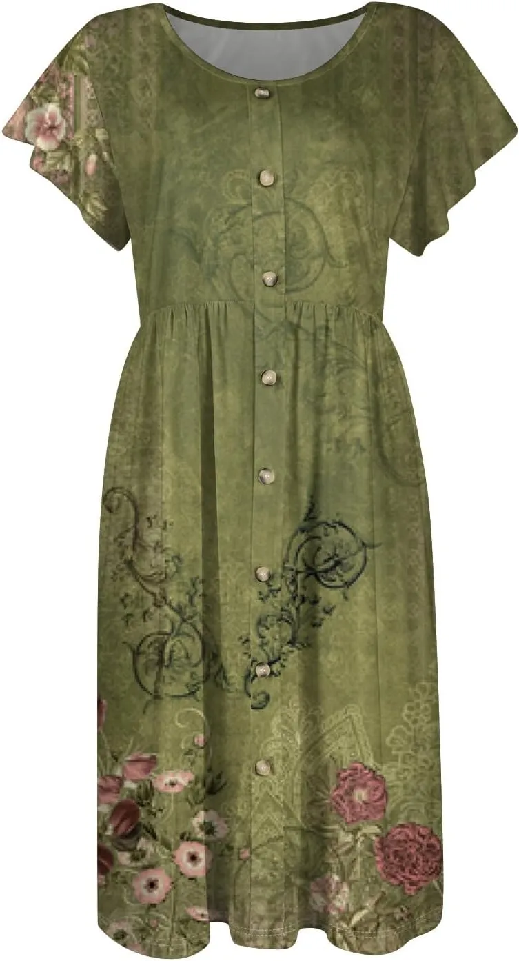 Women Summer Dresses Round Neck Summer Short Sleeve Casual Printed Loose Button Midi Beach Dresses with Pocket