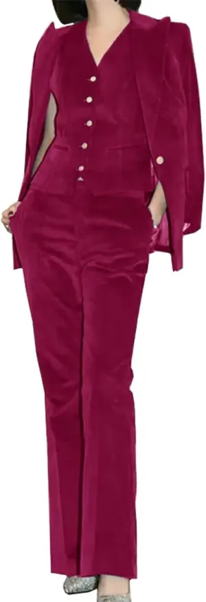 Women Velvet Pant Suits Peaked Lapel Wedding Tuxedos 3 Piece Blazer Jacket Vest Pants