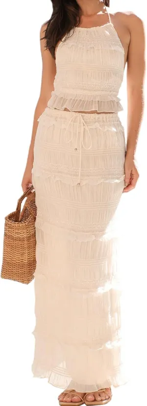 Women Y2k 2 Piece Skirt Sets Tie Front Cami Top and Ruffle Flowy Maxi Skirt Set Vacation Beachwear Outfits