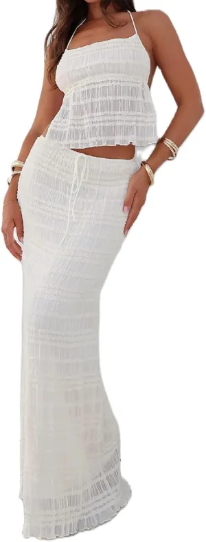 Women Y2k 2 Piece Skirt Sets Tie Front Cami Top and Ruffle Flowy Maxi Skirt Set Vacation Beachwear Outfits