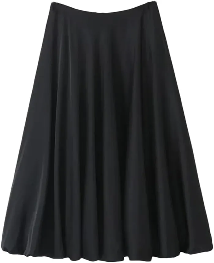 Women Zipper Solid Midi Skirt High Waist Pleated A Line Office Lady Ball Gown Skirts