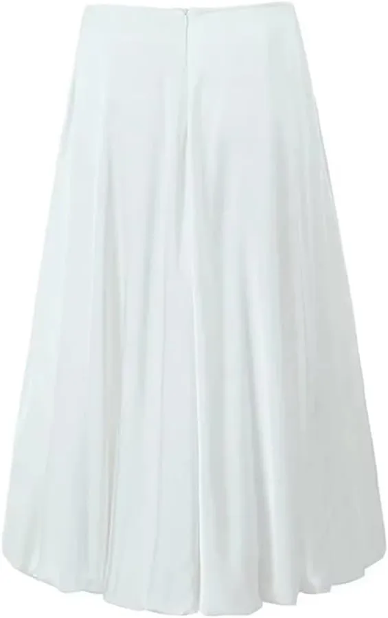 Women Zipper Solid Midi Skirt High Waist Pleated A Line Office Lady Ball Gown Skirts