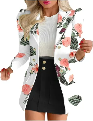 Women's 2 Piece Outfits Casual Solid Long Sleeve Suits Button Work Coat High Waist Blazer Jacket and Mini Skirt Set